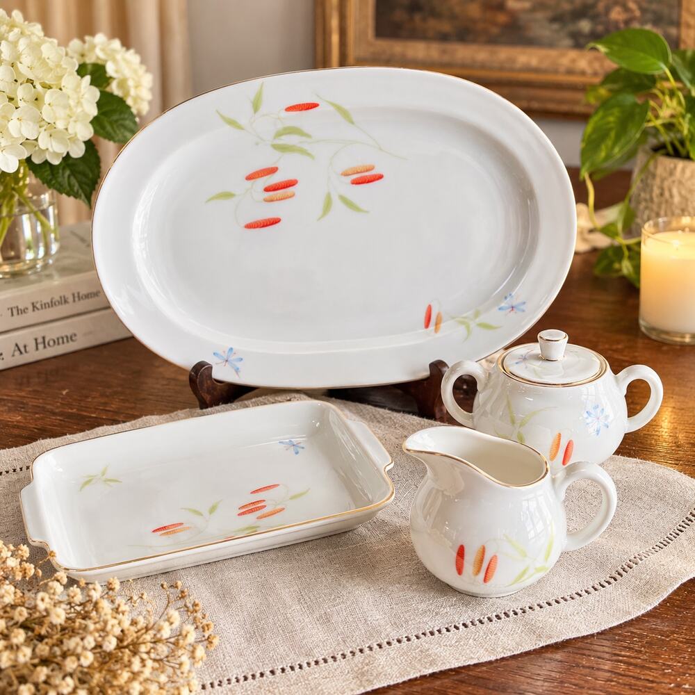 Arzberg Germany Porcelain 4 Pc Serving Set Dragonfly Floral Gold Trim
